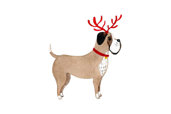 Dog with Red Antlers Watercolor for Christmas Crafts