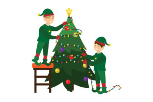 Elves Putting Lights on Tree: Christmas Crafts Asset