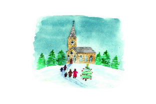 Family Walking in Winter Clothes: Christmas Crafts Art