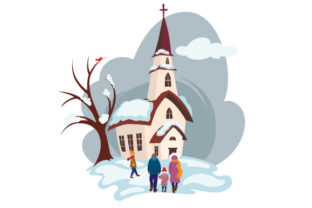 Family Walking in Winter Clothes to Church