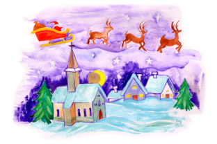 Santa Sleigh Church Gouache: Christmas Crafts Asset